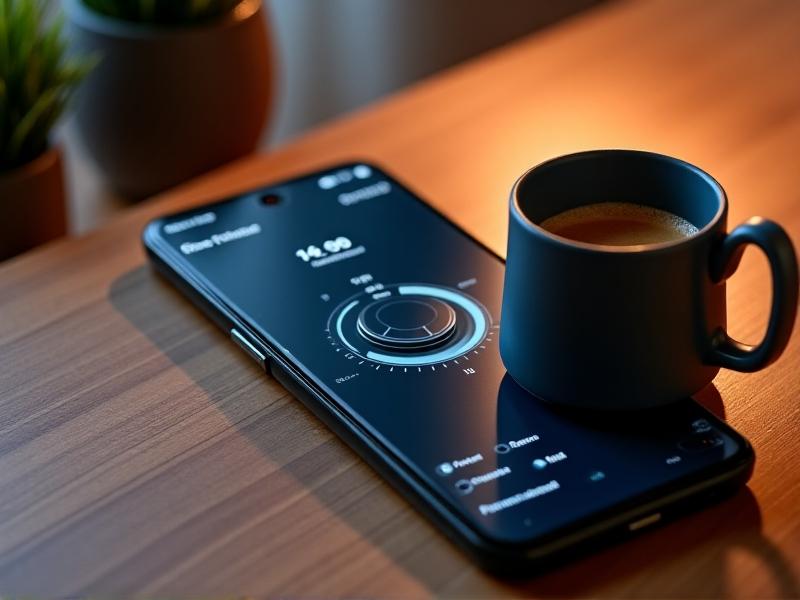 A smartphone screen displaying a resistance control app. The interface shows a circular dial with resistance levels 1–10, current RPM counter, and preset buttons labeled ‘Focus,’ ‘Recharge,’ and ‘Power Hour.’ The phone rests on a wooden desk next to a steaming coffee mug. Soft shadows and material design aesthetics create a modern digital feel.
