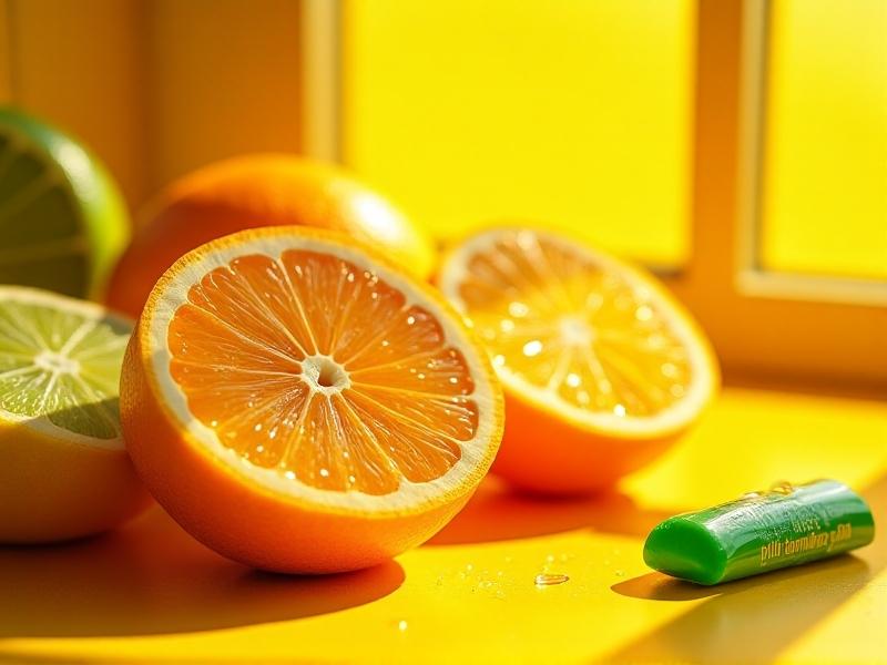 Bright citrus fruits sliced open, revealing juicy segments beside a gum package on a sunlit yellow table. Splashes of water droplets capture freshness, with warm lighting conveying vibrancy and renewal.