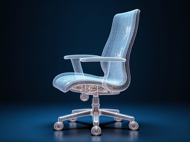 Cutaway technical drawing of an ergonomic office chair revealing layered pressure-sensing components: hexagonal mesh sensor array, pneumatic adjustment bladders, and microcontroller units with glowing data pathways, set against a dark blue background.