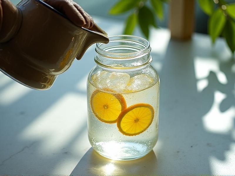A high-angle view of a hand pouring water from a glass pitcher into a mason jar filled with lemon slices and ice cubes. Condensation glistens on the jar, with sunlight refracting through the water onto a marble table. Style: Clean, minimalist composition with cool blues and whites, emphasizing refreshment.