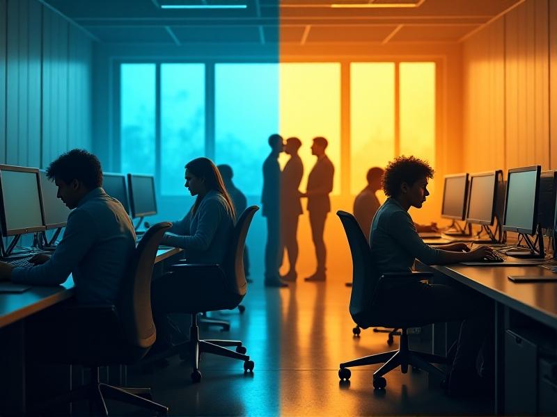 A split-screen photo comparison: On the left, a dimly lit office with hazy air shows workers slumped at desks; on the right, a bright, air-filtered workspace features alert employees collaborating. Both scenes emphasize lighting, posture, and environmental contrast.