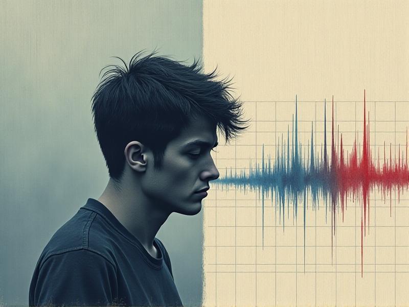 A split-image artwork showing a person holding their head in confusion on the left (representing brain fog) and a graph of a glucose spike and crash on the right. The palette uses murky grays for the foggy scene and sharp red/blue lines for the glucose graph, symbolizing the contrast between symptoms and their metabolic roots.
