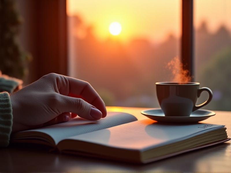 A hand holding a planner and a noropic capsule, with a coffee cup and sunrise visible through a window, conveying morning routine and proactive planning.