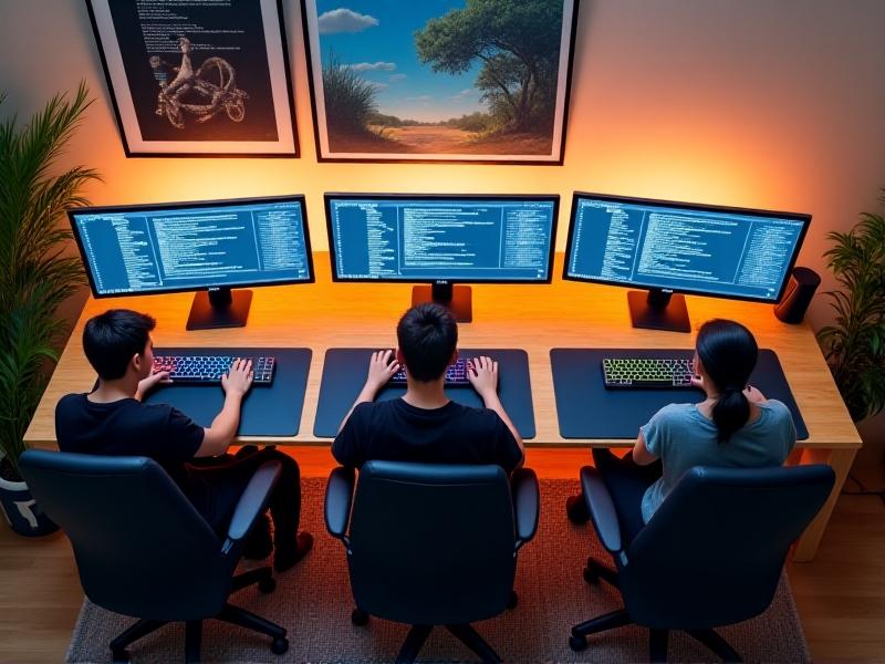 Side-by-side workstation setups: a programmer with multiple monitors and macro pads, a graphic designer with a drawing tablet and ergonomic keyboard, and a writer using a minimal keyboard with focus-oriented shortcuts, each tailored to their workflow.