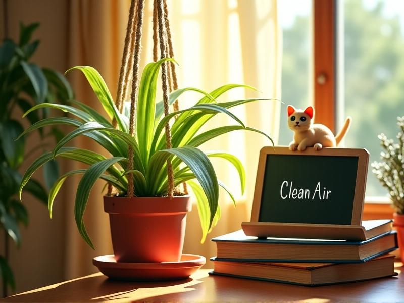 A spider plant with arching green-and-white striped leaves in a macrame hanger, ‘pups’ dangling near a sunlit desk. Surrounding props: a chalkboard labeled ‘Clean Air’ and a smiling cat figurine, emphasizing pet safety.
