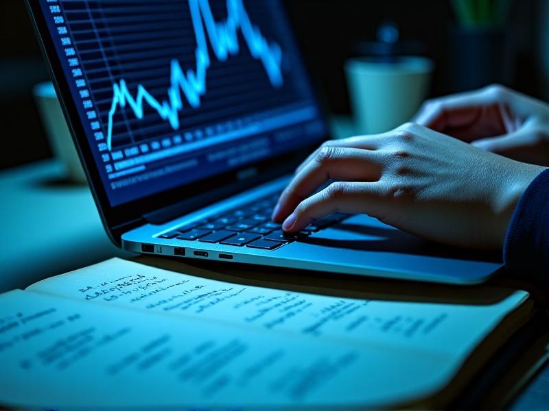 A close-up of hands typing on a laptop keyboard under a 5000K LED lamp. The crisp white light reflects off a glass desk, with a blue graph on the screen and a notebook filled with equations. Cool tones dominate, suggesting a focused work environment.