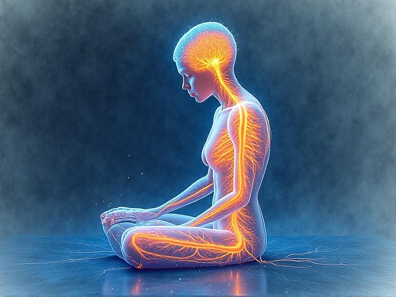 A detailed illustration of the human nervous system with glowing blue vagus nerve pathways, superimposed over a person in a relaxed seated pose. Soft orange and blue hues represent the balance between sympathetic and parasympathetic activation. Keywords: autonomic nervous system, vagal tone, breath science.