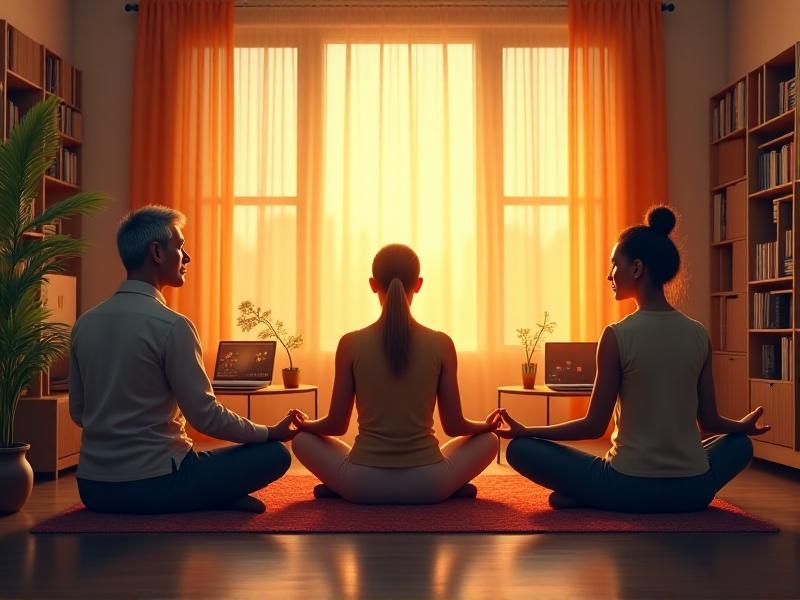A diverse group of three people practicing CBPMR in different settings: a man in an office, a senior woman in a living room, and a student in a library. Each uses subtle modifications, such as lighter gestures or seated yoga poses, reflecting adaptability across ages and environments.