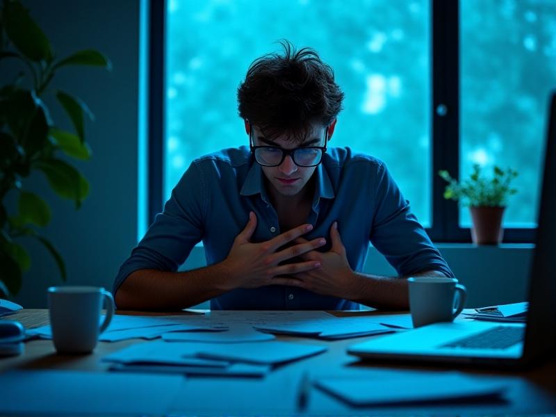 A stressed person sitting at a cluttered desk, shoulders hunched, with a hand on their chest highlighting shallow breaths. Cool-toned lighting and scattered papers symbolize mental overload. Keywords: stress breathing, chest respiration, office anxiety.