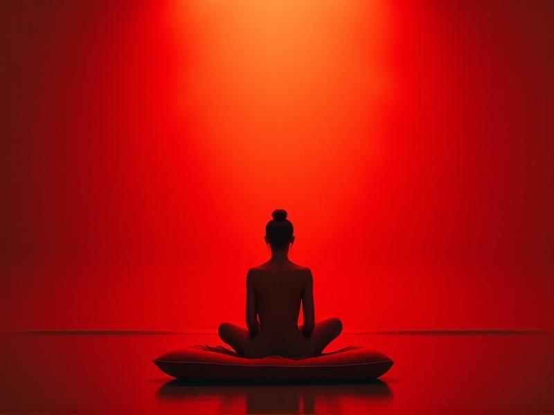 A person seated cross-legged on a floor cushion, bathed in warm red light from a desktop panel, with incense smoke curling nearby, evoking tranquility and mental focus in a softly lit room.