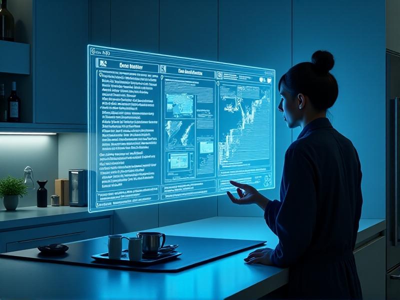 A futuristic holographic interface hovering over a kitchen counter, showing a voice assistant learning a user’s morning routine: brewing coffee, adjusting lights, and playing news. The scene features cool blue tones, digital overlays, and a sense of dynamic, intelligent adaptation.