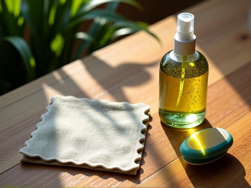 An overhead view of natural keyboard cleaning supplies: bamboo fiber cloths, a spray bottle with visible thyme oil droplets, and a soft silicone brush on a rustic wooden table, lit by warm morning sunlight streaming through a window.