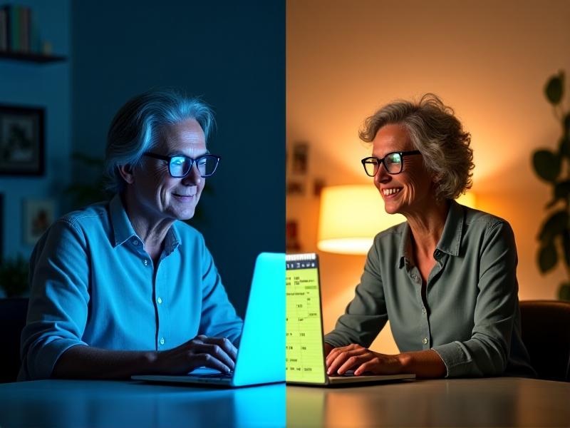 A split-image infographic showing a person's progression from squinting at a laptop without glasses to smiling comfortably with blue blockers. The left side features cool blue tones and a cluttered workspace; the right side has warm lighting, organized desk items, and a calendar with a gradual schedule marked in green highlights. The visual style is clean and motivational, using contrasting colors to symbolize improvement.