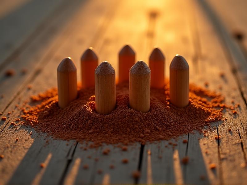 Ground cinnamon sprinkled around gum sticks on a rustic wooden surface, with golden hour light casting warm amber tones. The image evokes warmth and intensity, reflecting the spice’s stimulating properties.