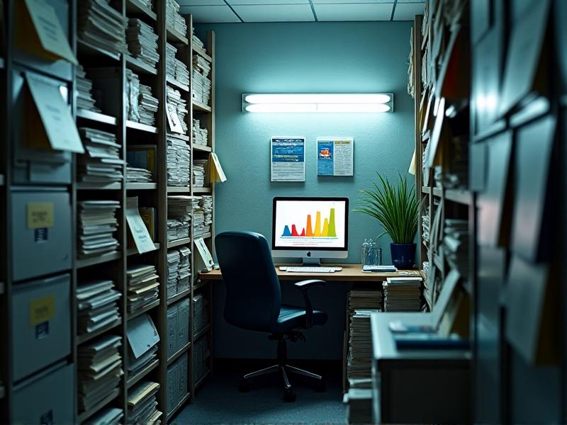 A cluttered office cubicle with an air purifier wedged between a filing cabinet and a wall, partially obscured by a rolling chair. Fluorescent lighting casts harsh shadows on paperwork stacks and a computer monitor displaying a bar graph. The purifier’s intake vents are visibly blocked by a coiled Ethernet cable.