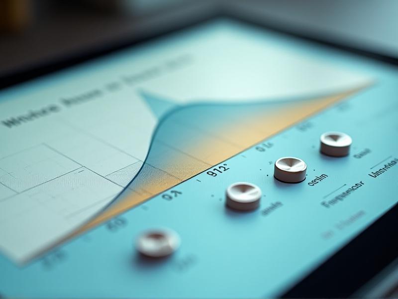A close-up of a white noise machine's touchscreen interface, displaying sliders for adjusting low, mid, and high frequencies. The graph behind the sliders shows a balanced curve in calming teal and gold hues, set against a minimalist background.