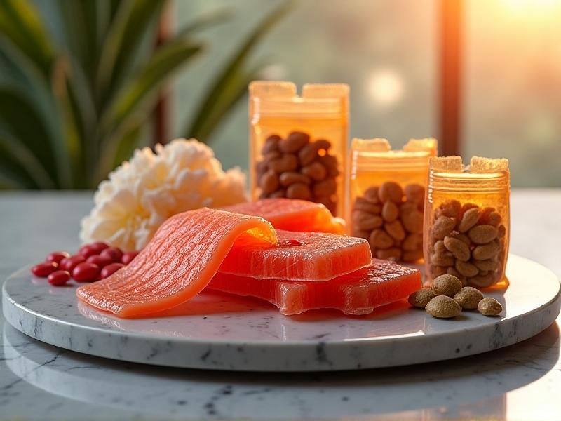 A close-up of nutrient kit components laid on a marble surface: salmon jerky, pumpkin seeds, goji berries, zinc lozenges, and green tea bags. Soft natural light highlights textures, emphasizing variety and health-conscious choices.