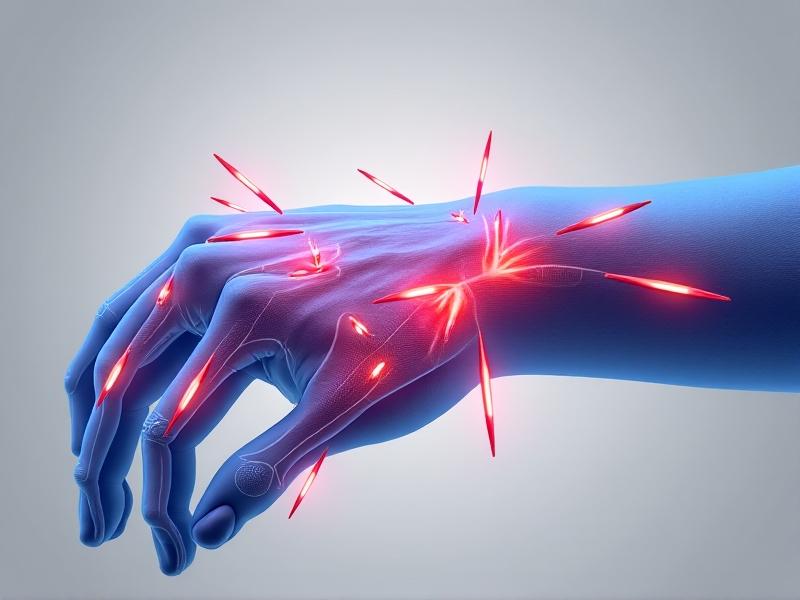 A cross-sectional medical illustration of the right wrist, showing carpal bones, tendons, and the median nerve in vibrant colors. Arrows indicate pressure points when typing with improper tilt, set against a neutral gray background for clarity.