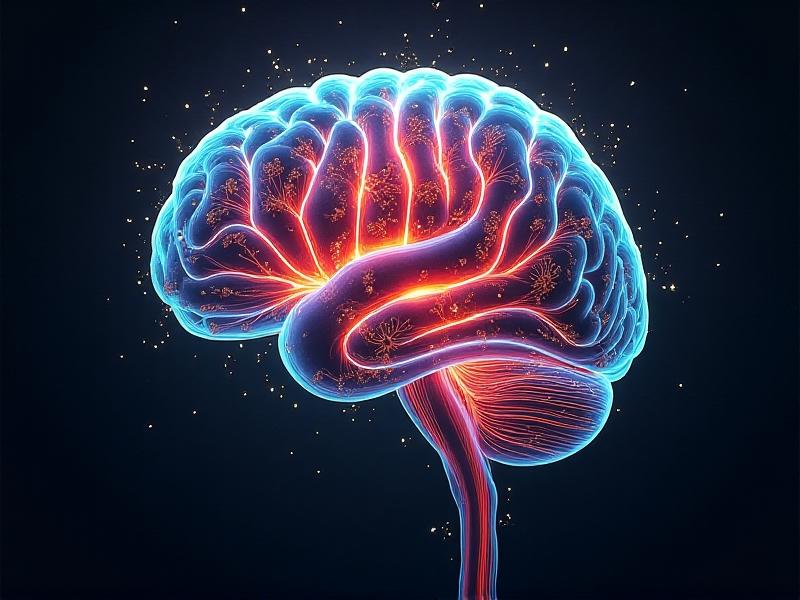 A glowing translucent brain overlaid with colorful layers: red neurotransmitters, blue bloodstream, green neural connections, and gold gears symbolizing behavior. Set against a dark abstract background with faint mathematical formulas. Style: Digital illustration blending surrealism and sci-fi elements, with neon accents and soft gradients.