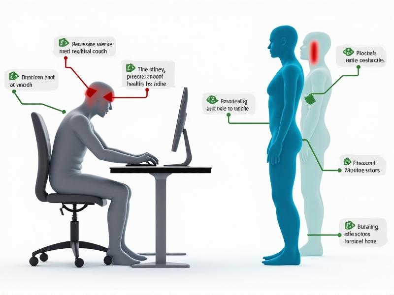 An infographic comparing a person sitting slouched at a desk versus standing upright. The sitting figure is depicted in muted grays with red arrows highlighting neck and back strain, while the standing figure is vibrant blue with green arrows showing engaged leg and core muscles. Text bubbles list calorie stats and posture benefits.