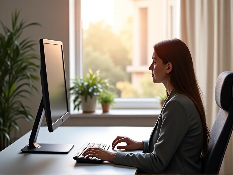 A minimalist desk setup with an ergonomic split keyboard, adjustable monitor arm, and a person with relaxed posture. Soft daylight filters through a window, casting gentle shadows on a neutral-toned desk. The scene embodies a balanced, health-focused workspace.