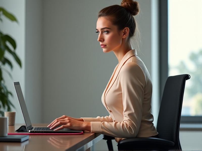 A woman in a blouse performing seated rows with a resistance band anchored under her desk, shoulders retracted and spine aligned, emphasizing upper back engagement to counteract hunching.