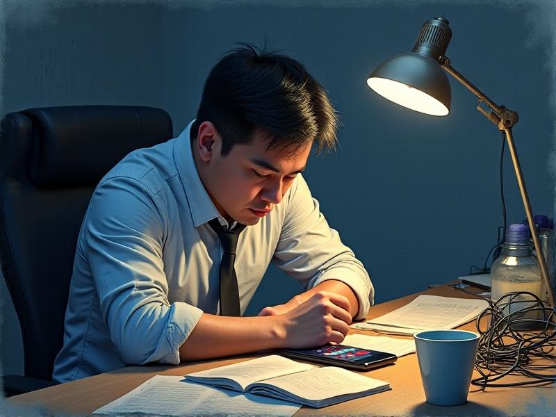A person frowning at a smartphone displaying a low posture score, surrounded by a cluttered desk and coffee cup, under harsh overhead lighting, illustrating user frustration with technology limitations.