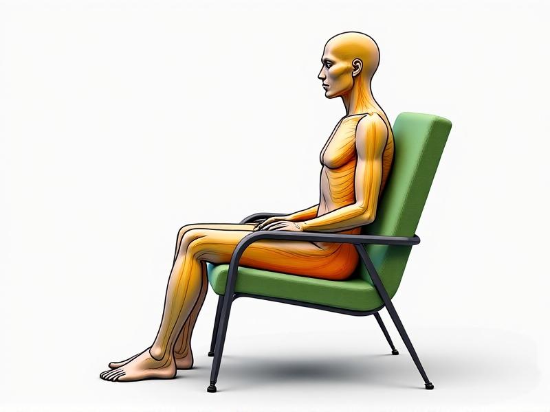 Annotated diagram of a human figure seated in a chair with color-coded support zones: yellow for lumbar, green for thoracic, and orange for thigh regions, highlighting anatomical landmarks with measurement angles and force vectors.