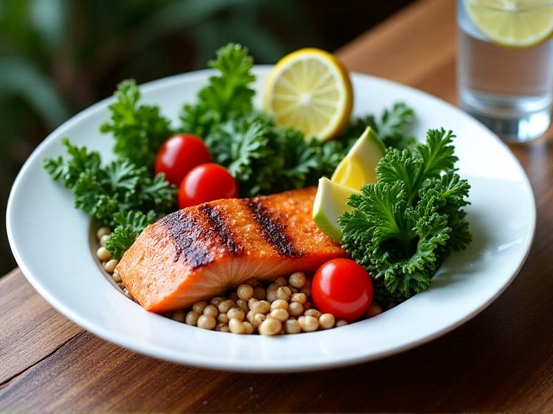 A vibrant bowl containing grilled salmon, kale, quinoa, cherry tomatoes, and avocado slices arranged artistically on a white plate. Soft natural light highlights the meal’s textures, with a wooden table background and a glass of water with lemon. Style: Food photography with sharp focus, warm tones, and shallow depth of field.