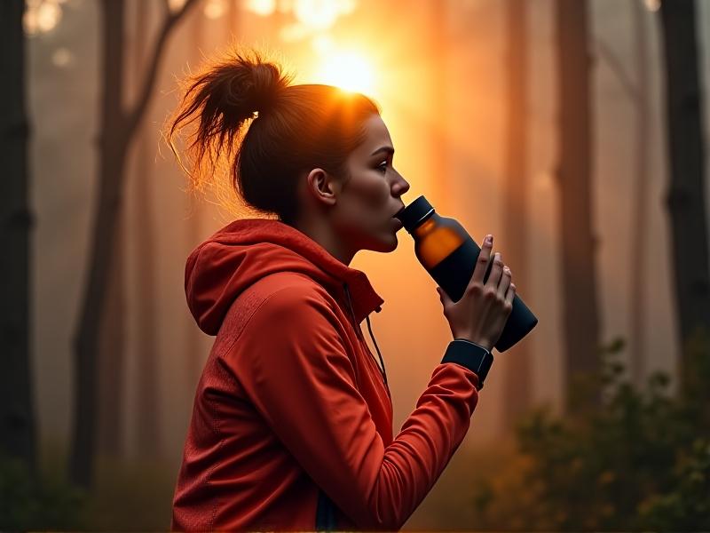 A runner in a neon athletic jacket drinking from a matte black smart bottle during a trail run. Sunrise illuminates misty forest surroundings, with the bottle’s LED rim lighting pulsing in sync with their heart rate monitor wristband.