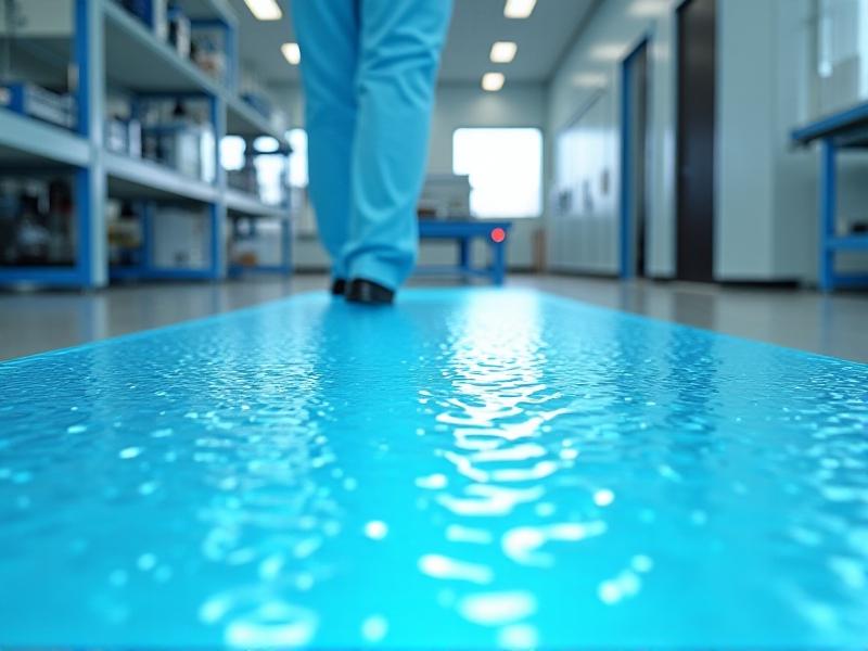 A close-up of a transparent gel anti-fatigue mat in a laboratory setting. The gel’s viscous material shifts under a lab technician’s weight, creating visible ripples. Clean white countertops and lab equipment contrast the mat’s modern, high-tech aesthetic, lit by cool, clinical lighting.
