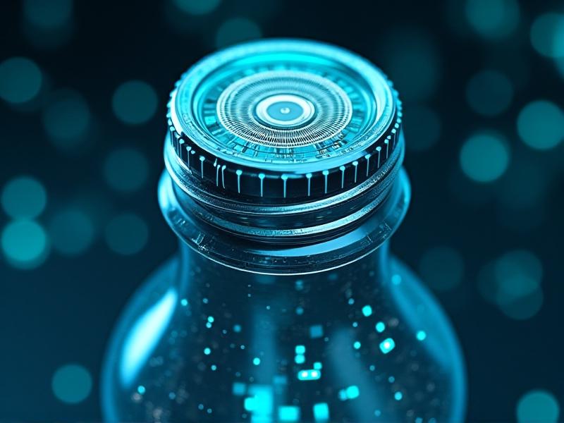 A close-up cross-section of a smart bottle’s sensor technology, revealing circuit boards and glowing blue LEDs embedded in the lid. The background shows abstract digital waves symbolizing data transmission, with a futuristic teal and silver color palette.