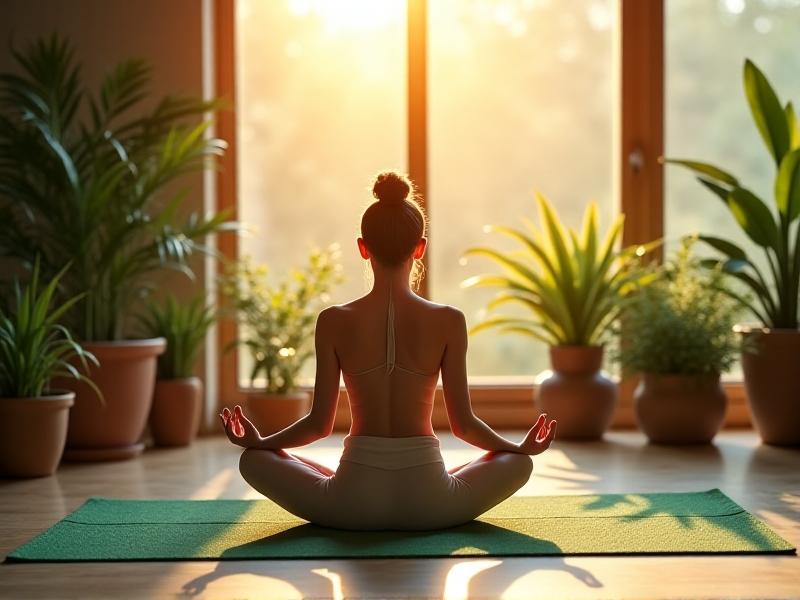 A person sitting cross-legged on a grounding yoga mat meditating, with a desk mat in the background. Morning sunlight streaming through windows, plants nearby. Keywords: grounding meditation, daily earthing practice, integrating grounding mats.