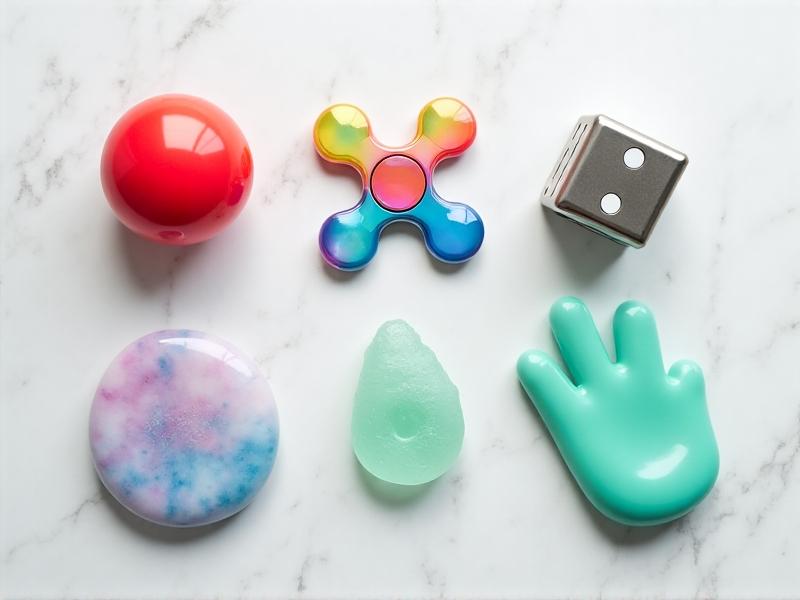 An overhead shot of six distinct stress relief tools: a rainbow-colored fidget spinner, a glossy red stress ball, a green therapy putty, a silver fidget cube, a blue chewable necklace, and a marbleized palm stone, displayed on a white marble surface.