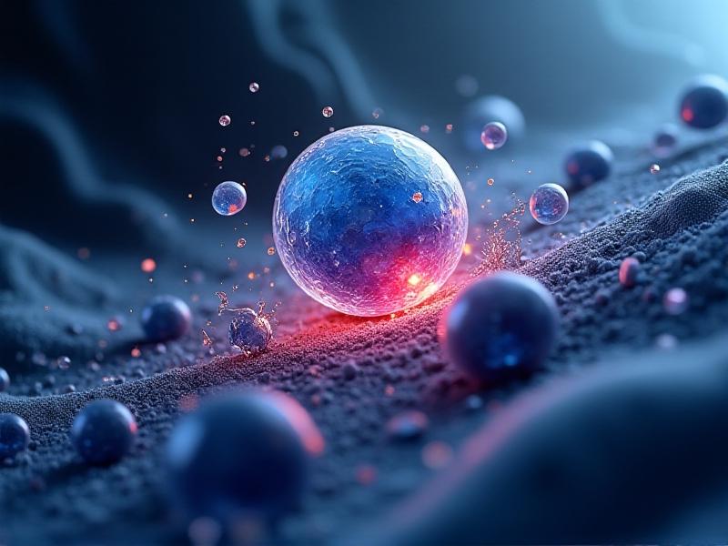 A highly detailed microscopic illustration of silver ions attacking a bacterial cell, showcasing the breakdown of the cell membrane in vibrant blue and red hues. The background is a dark, abstract scientific environment with glowing particles, emphasizing the dynamic interaction between antimicrobial agents and pathogens.