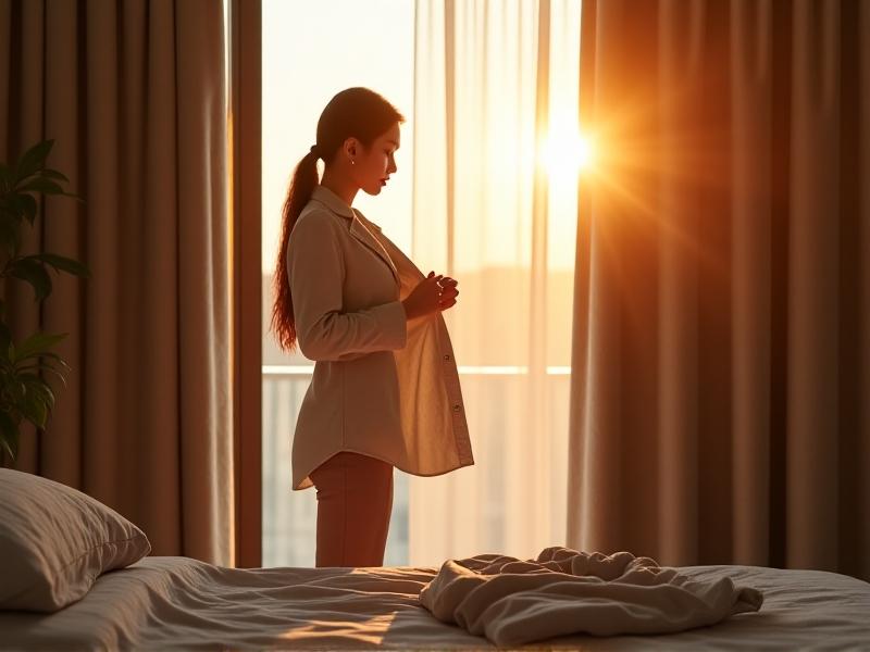 A person unbuttoning a work shirt and hanging it on a wooden hanger, soft golden-hour light streaming through a window, with a neatly folded casual outfit waiting on a bed draped in neutral linen.