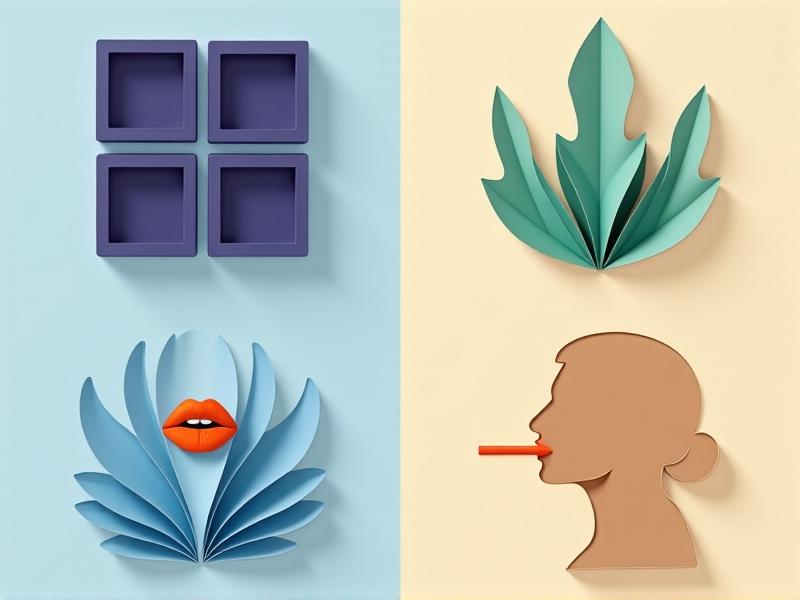 A composite image showing four distinct breathing methods: box breathing (blue geometric shapes), coherent breathing (green waveform), resistance breathing (orange lips with straw), and physiological sigh (silhouette with rising shoulders). Flat design style with muted office backgrounds.