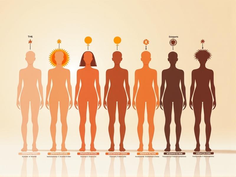 A side-by-side illustration of six human figures with varying skin tones, each labeled according to the Fitzpatrick Scale from Type I to Type VI. The background transitions from pale pink to deep brown, with overlaid icons showing sunburns, tanned skin, and sunglasses. Arrows indicate recommended sun exposure durations based on skin type, with a UV Index chart and globe highlighting geographic variations. The minimalist design uses soft gradients and clean lines for educational clarity.
