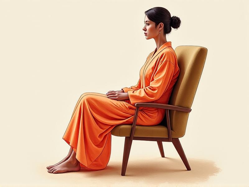 A detailed anatomical illustration overlay on a person seated in a chair, highlighting major muscle groups like neck, shoulders, and lower back. Warm tones depict tension release, with arrows indicating movement from contraction to relaxation. The style combines medical accuracy with abstract watercolor textures.