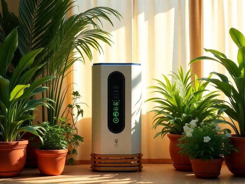 A bright sunroom with a rectangular air purifier on a bamboo stand, surrounded by lush green plants including a tall areca palm, a cascading pothos, and a flowering peace lily. Morning light filters through sheer curtains, creating dappled shadows on terracotta pots. The purifier’s digital display shows a green ‘air quality’ indicator.