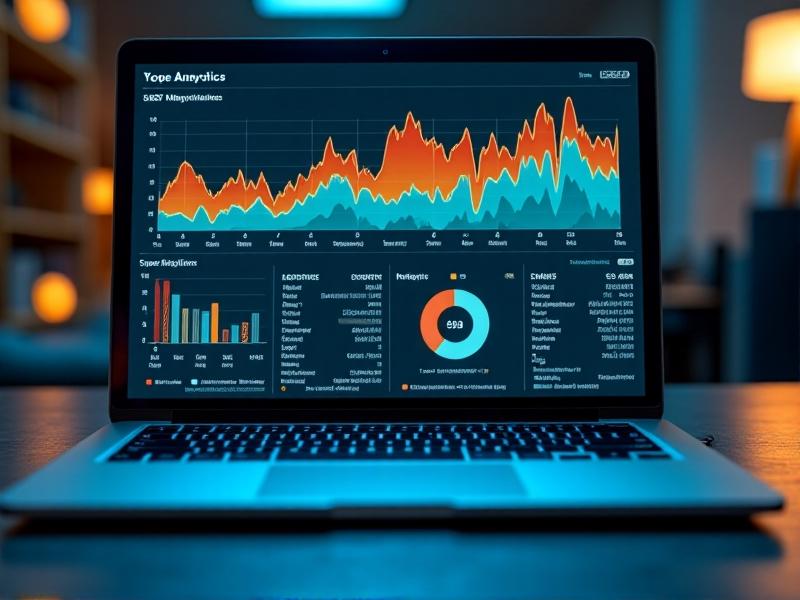 A vibrant laptop screen displaying a typing analytics dashboard with orange-and-teal heatmaps, speed graphs, and circular progress metrics. Animated keystrokes pulse rhythmically, symbolizing data-driven improvement in a modern, user-friendly interface.