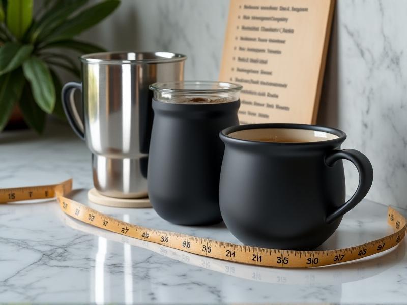Three thermal mugs of varying sizes and materials—shiny stainless steel, matte black ceramic, and lightweight BPA-free plastic—arranged on a marble countertop with a tape measure and checklist, demonstrating key selection factors.