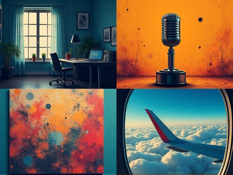 Collage-style image showing four scenarios: a moonlit office window, paint splatters on a canvas, a podium microphone, and an airplane window. Each scene contains stylized icons of relevant nootropics floating nearby.