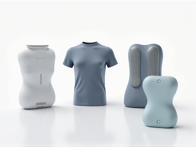 A collage of posture-correcting devices: a clip-on sensor, smart shirt, lumbar belt, and adhesive patch displayed on a white background with soft shadows, showcasing variety in design and application.