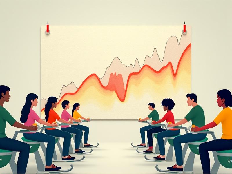 An infographic comparing heart rate zones across resistance levels. A diverse group of animated characters pedal at desks with color-coded resistance dials (green for low, yellow for moderate, red for high). The graph background shows rising heart rate curves in corresponding colors. Flat design style with minimalist office elements like laptops and notebooks.