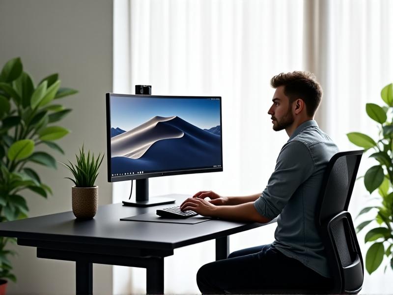 A sleek ergonomic office setup featuring an adjustable standing desk with a curved ultrawide monitor mounted on a pneumatic arm. The screen is tilted slightly upward, aligning with the user's eye line. A matte black keyboard tray and cork desk mat contrast with white walls, while indirect LED lighting minimizes screen glare.