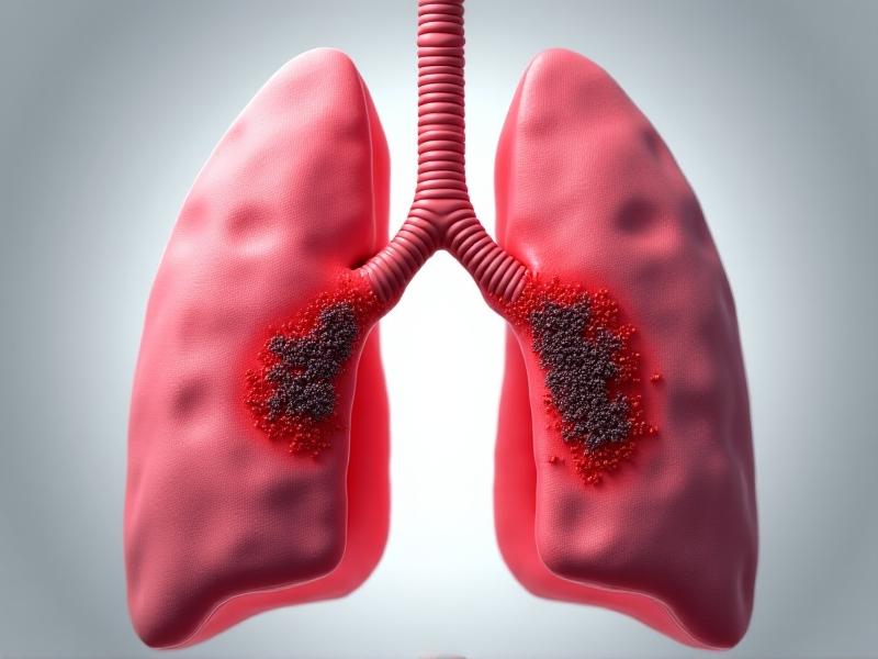 A detailed cross-sectional illustration of human lungs with particulate matter (PM2.5) particles entering alveoli, depicted in stark black against healthy pink tissue. Red inflammation markers highlight damaged areas, emphasizing the biological impact of air pollution.