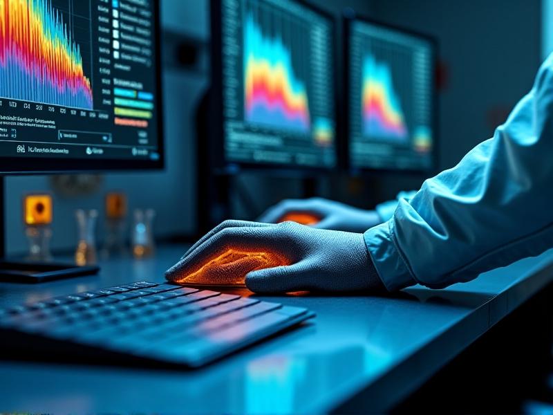 A laboratory workspace with a gloved hand operating a sensor-covered mouse prototype, connected to monitors displaying real-time force heatmaps and EMG waveforms. Silver sensor pads are visible on the forearm, with cool-toned LED lighting emphasizing a scientific environment.