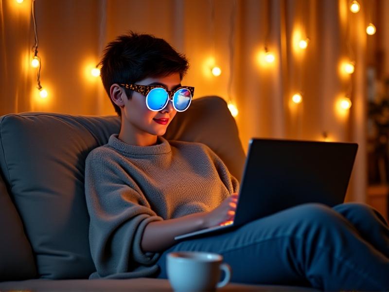 A cozy living room scene where a person wears stylish blue-blocking glasses while lounging on a sofa with a tablet. Warm string lights and a soft throw blanket create a relaxed ambiance. A laptop and coffee cup sit nearby, suggesting a balance of leisure and casual work. The glasses feature subtle tortoiseshell frames, blending practicality with modern fashion.