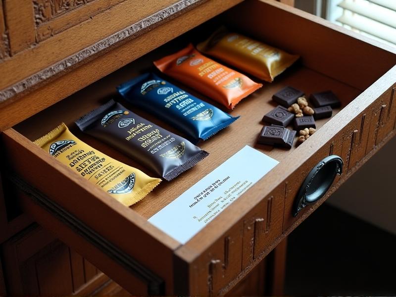 An open wooden desk drawer revealing an emergency nutrient kit with protein bars, mixed nuts in a transparent pouch, electrolyte powder sachets, and dark chocolate squares. A small notepad lists expiry dates, and a reusable water bottle peeks from the corner, suggesting preparedness and organization.